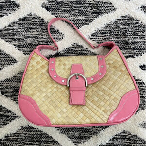 VINTAGE Raffia Purse Pink Details Shoulder Purse